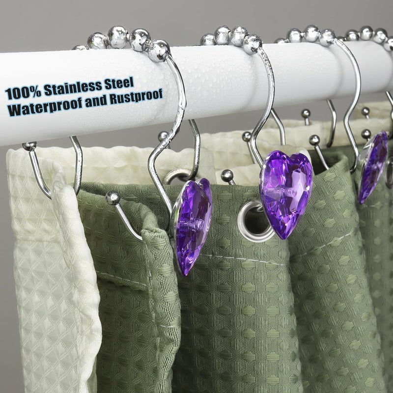 Yapicoco Shower Curtain Hooks Rings for Bathroom, 12PCS Heart Stainless Steel Rust Resistant Decorative Rhinestones Shower Curtain Rings Hangers for Shower Curtains (Double Hook Purple) - Image 4
